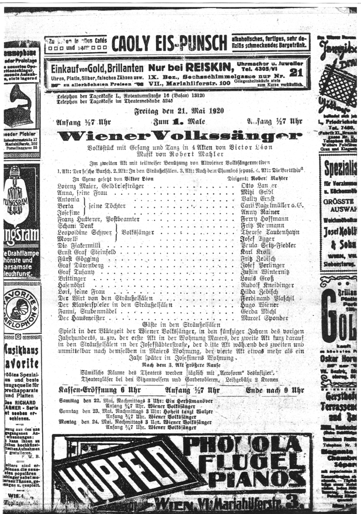 Announcement for the premiere of Wiener Volkssänger in May 1920