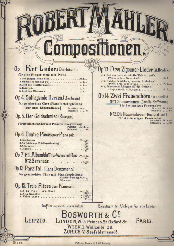 List of compositions by Robert Mahler being sold by his publisher Bosworth around the year 1908