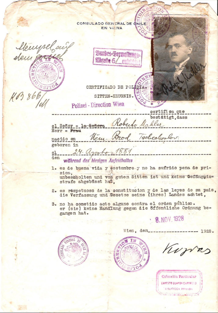 Original certificate of police for immigration of Roberto Mahler from Austria to Chile